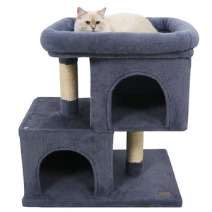 Modern Cat Tree Space-saving Cat Tower with Upholstered Perch and 2 Cat Condos-Dark Grey view 4