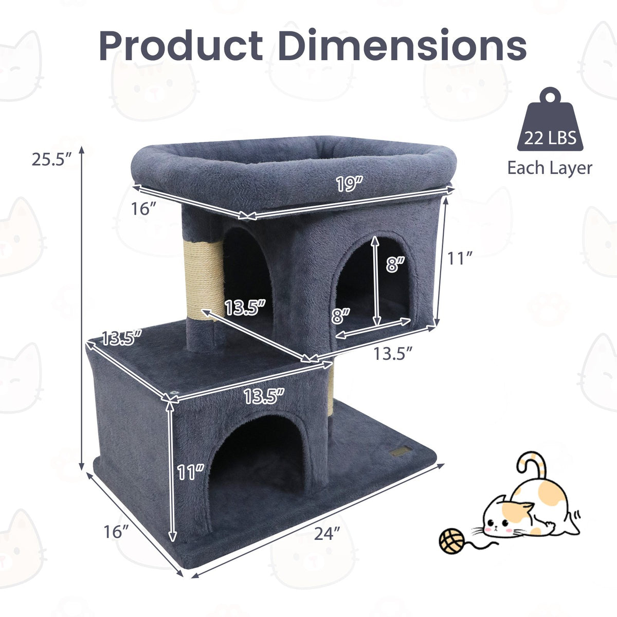 Modern Cat Tree Space-saving Cat Tower with Upholstered Perch and 2 Cat Condos-Dark Grey view 5