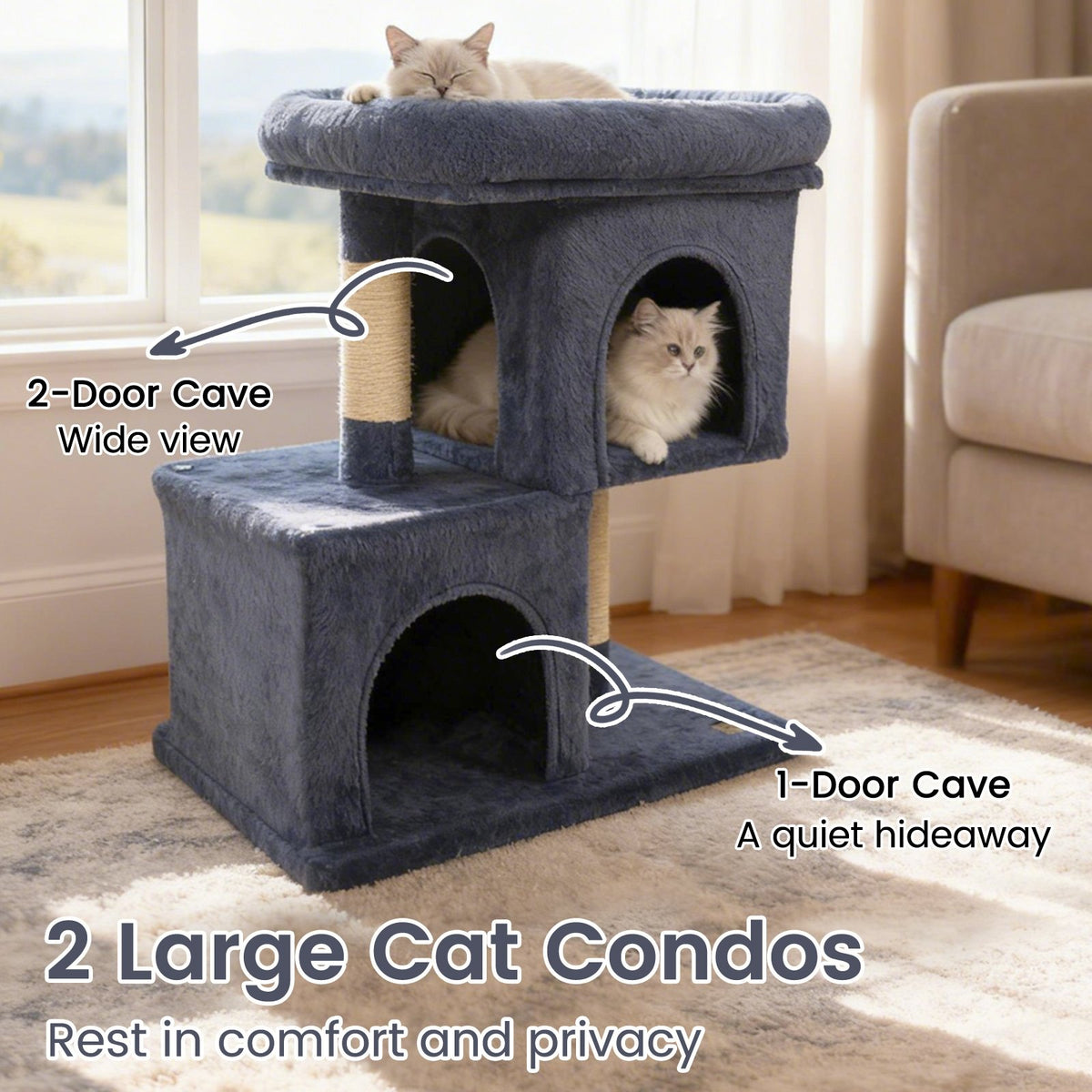 Modern Cat Tree Space-saving Cat Tower with Upholstered Perch and 2 Cat Condos-Dark Grey view 6