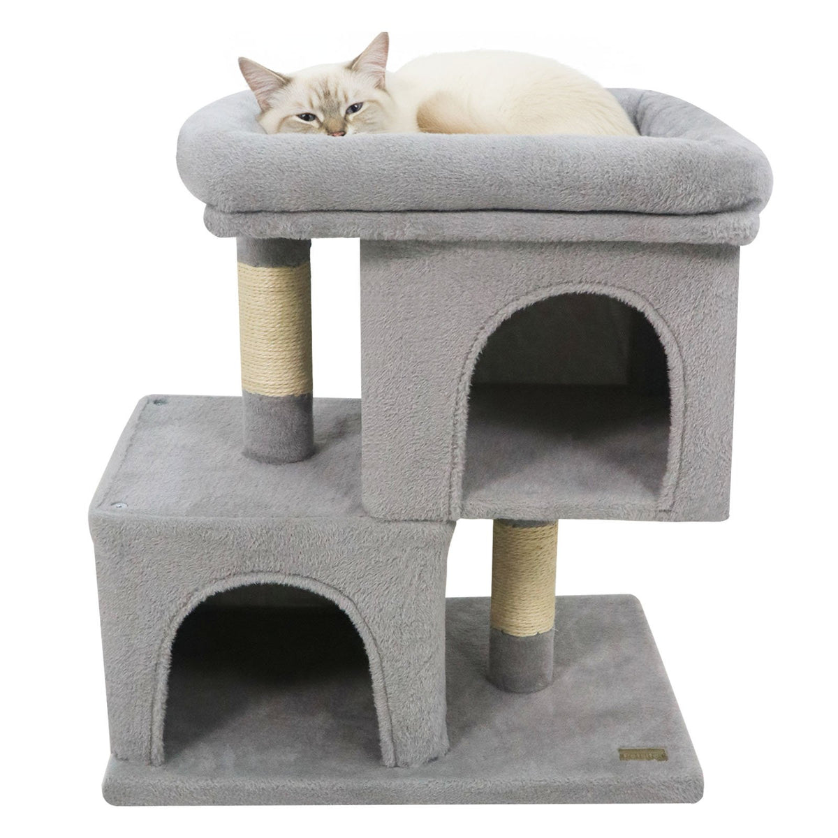 Modern Cat Tree Space-saving Cat Tower with Upholstered Perch and 2 Cat Condos-Gray view 4