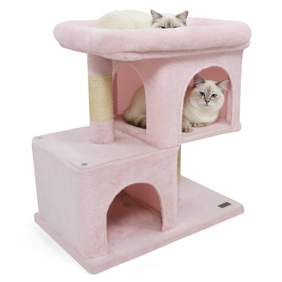 Modern Cat Tree Space-saving Cat Tower with Upholstered Perch and 2 Cat Condos-Pink