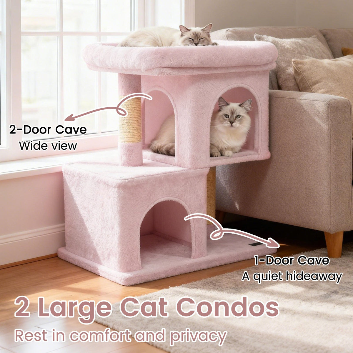 Modern Cat Tree Space-saving Cat Tower with Upholstered Perch and 2 Cat Condos-Pink view 6