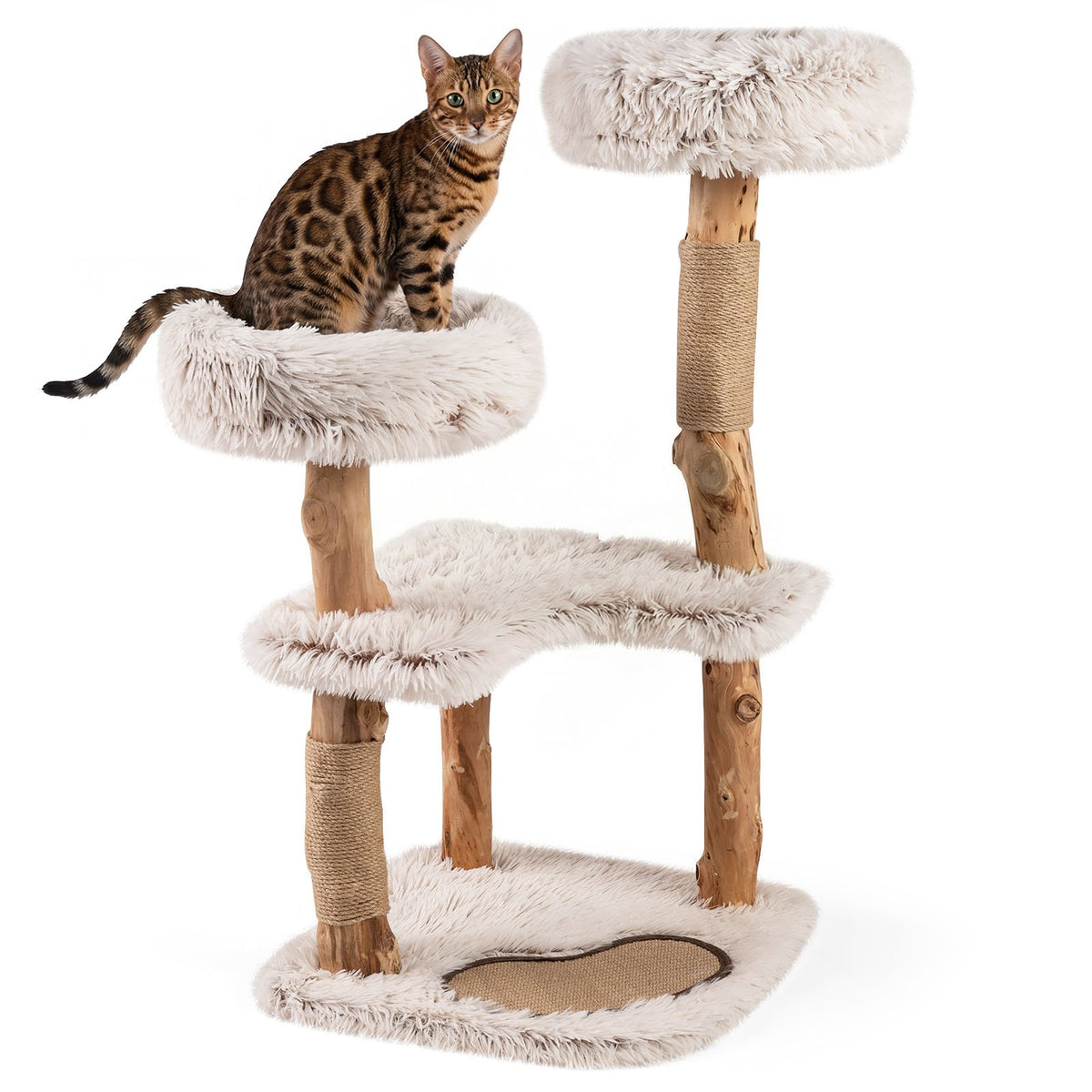 Modern Cat Tree Tower 40 inches with Luxury Real Wood Natural Branch-White