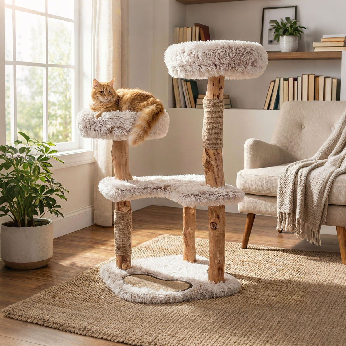 Modern Cat Tree Tower 40 inches with Luxury Real Wood Natural Branch-White view 3