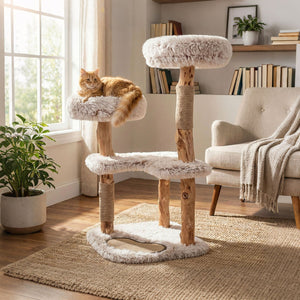 Modern Cat Tree Tower 40 inches with Luxury Real Wood Natural Branch-White view 3