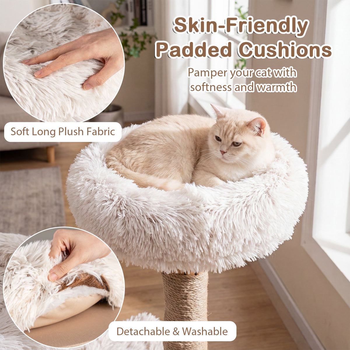 Modern Cat Tree Tower 40 inches with Luxury Real Wood Natural Branch-White view 6