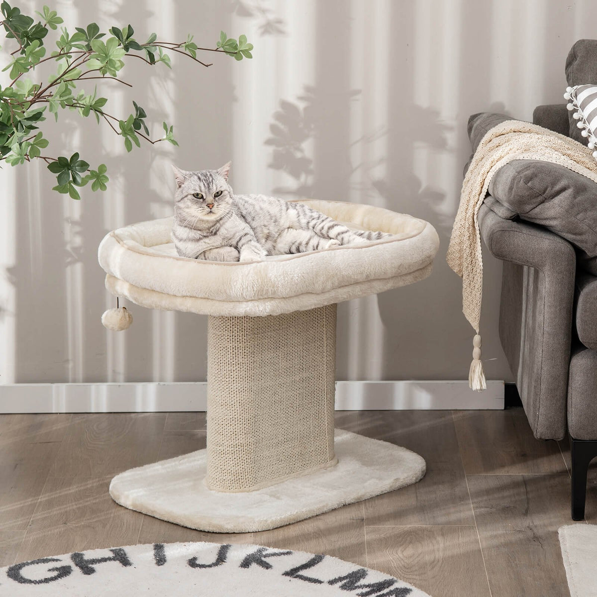 Modern Cat Tree Tower with Large Plush Perch and Sisal Scratching Plate-Beige view 2
