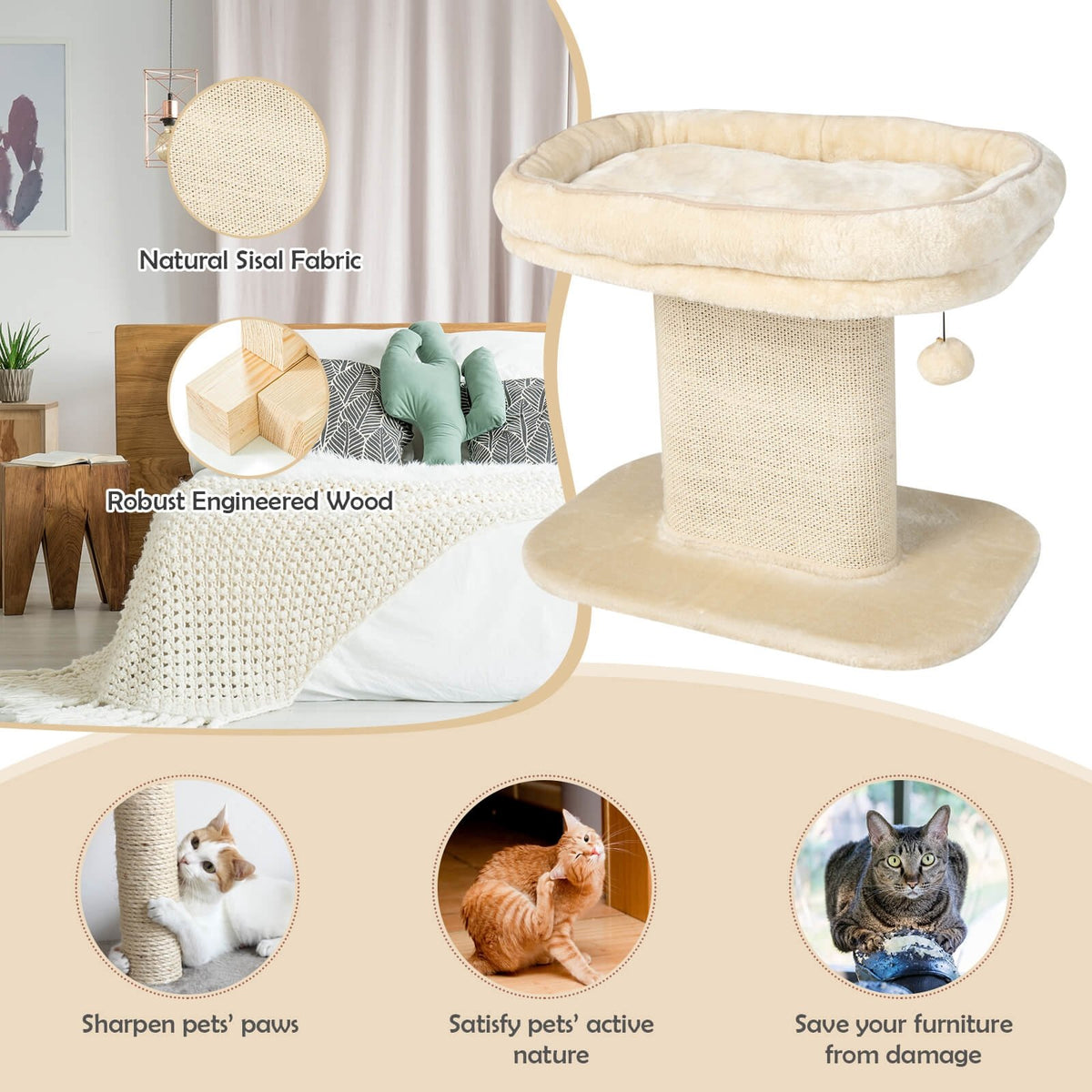 Modern Cat Tree Tower with Large Plush Perch and Sisal Scratching Plate-Beige view 6