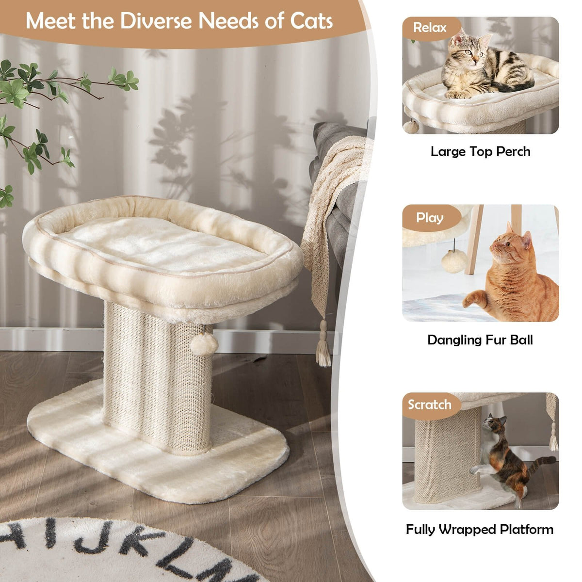 Modern Cat Tree Tower with Large Plush Perch and Sisal Scratching Plate-Beige view 8