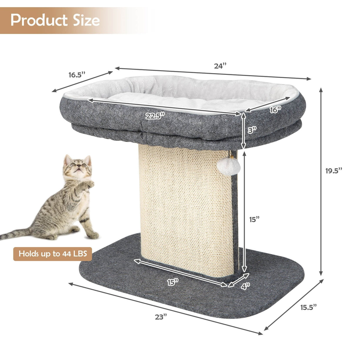 Modern Cat Tree Tower with Large Plush Perch and Sisal Scratching Plate-Gray view 4