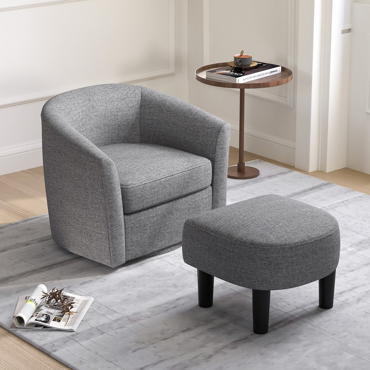 Modern Club Swivel Accent Chair with Ottoman Footrest Curved Backrest-Grey view 3