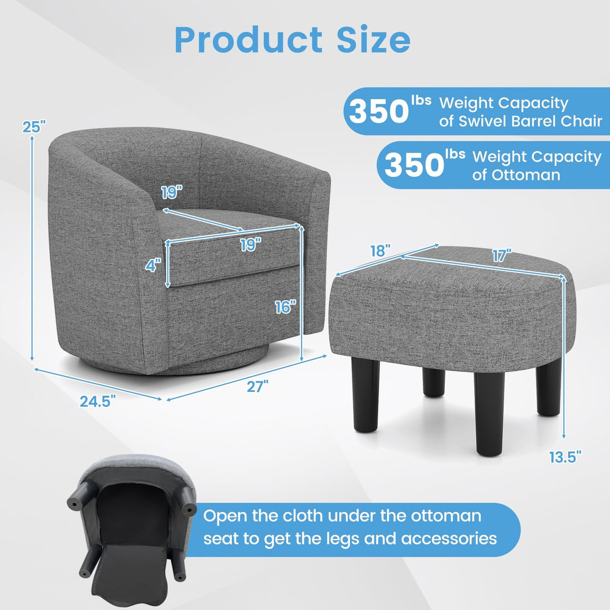 Modern Club Swivel Accent Chair with Ottoman Footrest Curved Backrest-Grey view 4