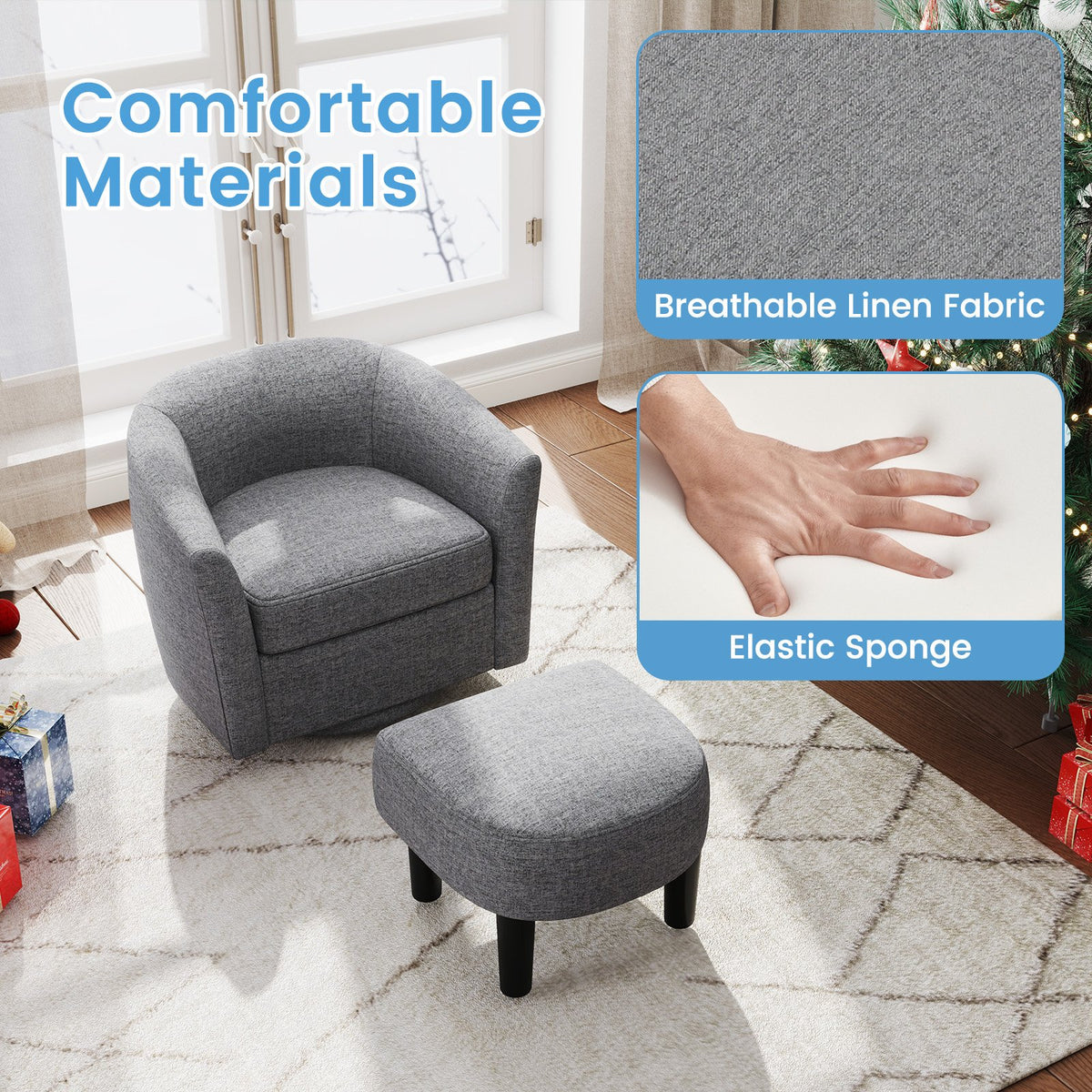 Modern Club Swivel Accent Chair with Ottoman Footrest Curved Backrest-Grey view 7