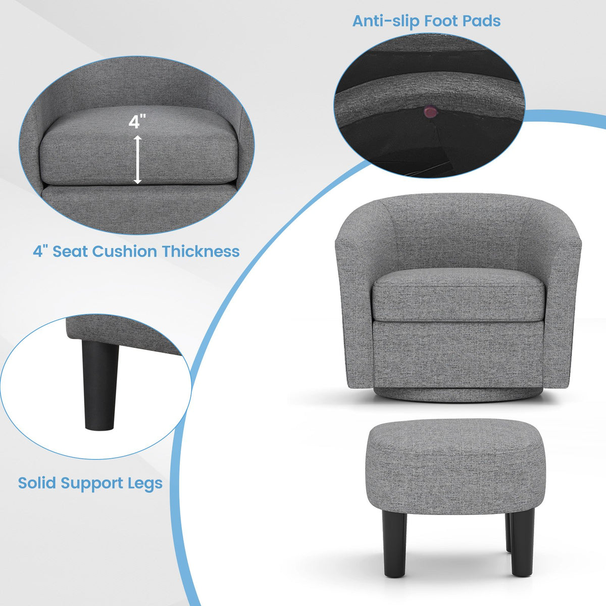 Modern Club Swivel Accent Chair with Ottoman Footrest Curved Backrest-Grey view 9
