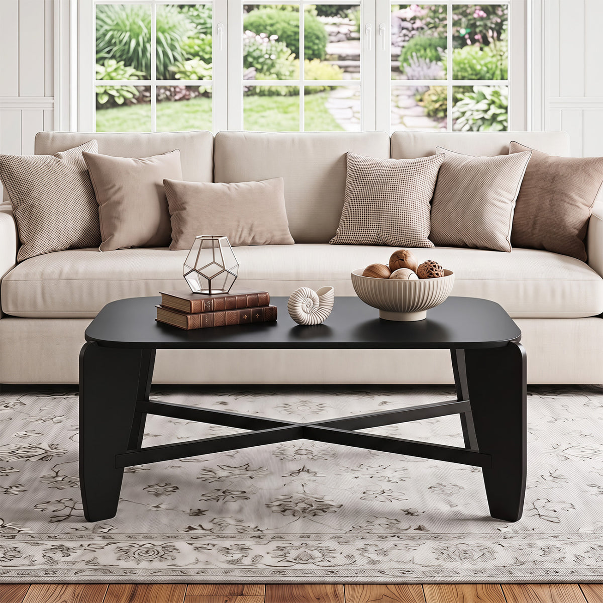 Modern Coffee Table with Rubber Wood Cross-Leg Base Rectangular Center Table-Black view 3