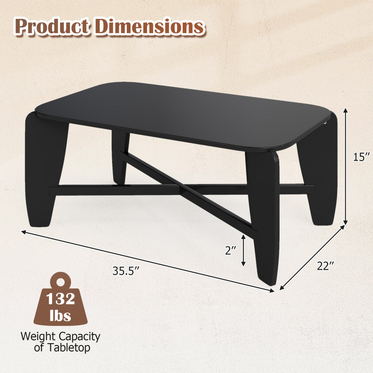 Modern Coffee Table with Rubber Wood Cross-Leg Base Rectangular Center Table-Black view 5