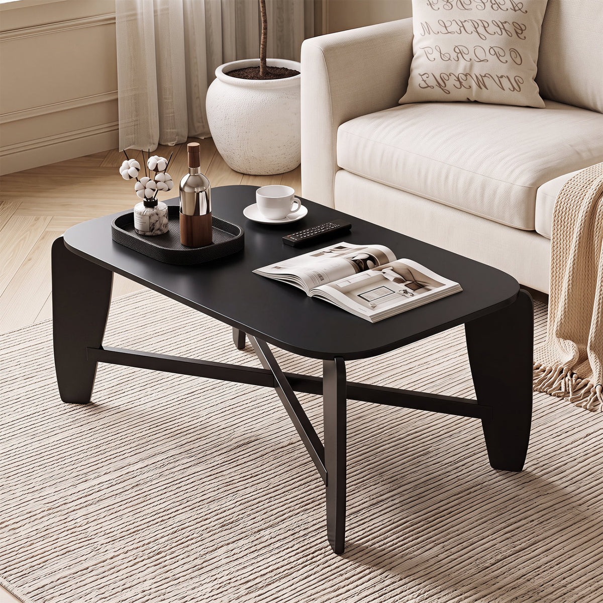 Modern Coffee Table with Rubber Wood Cross-Leg Base Rectangular Center Table-Black view 6