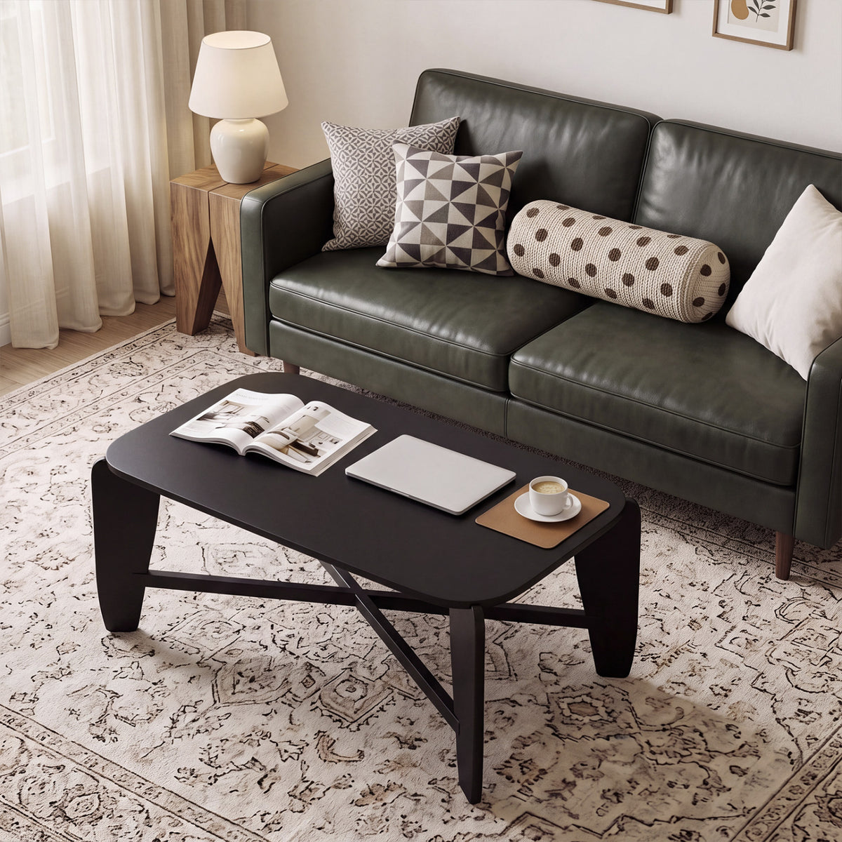 Modern Coffee Table with Rubber Wood Cross-Leg Base Rectangular Center Table-Black view 7
