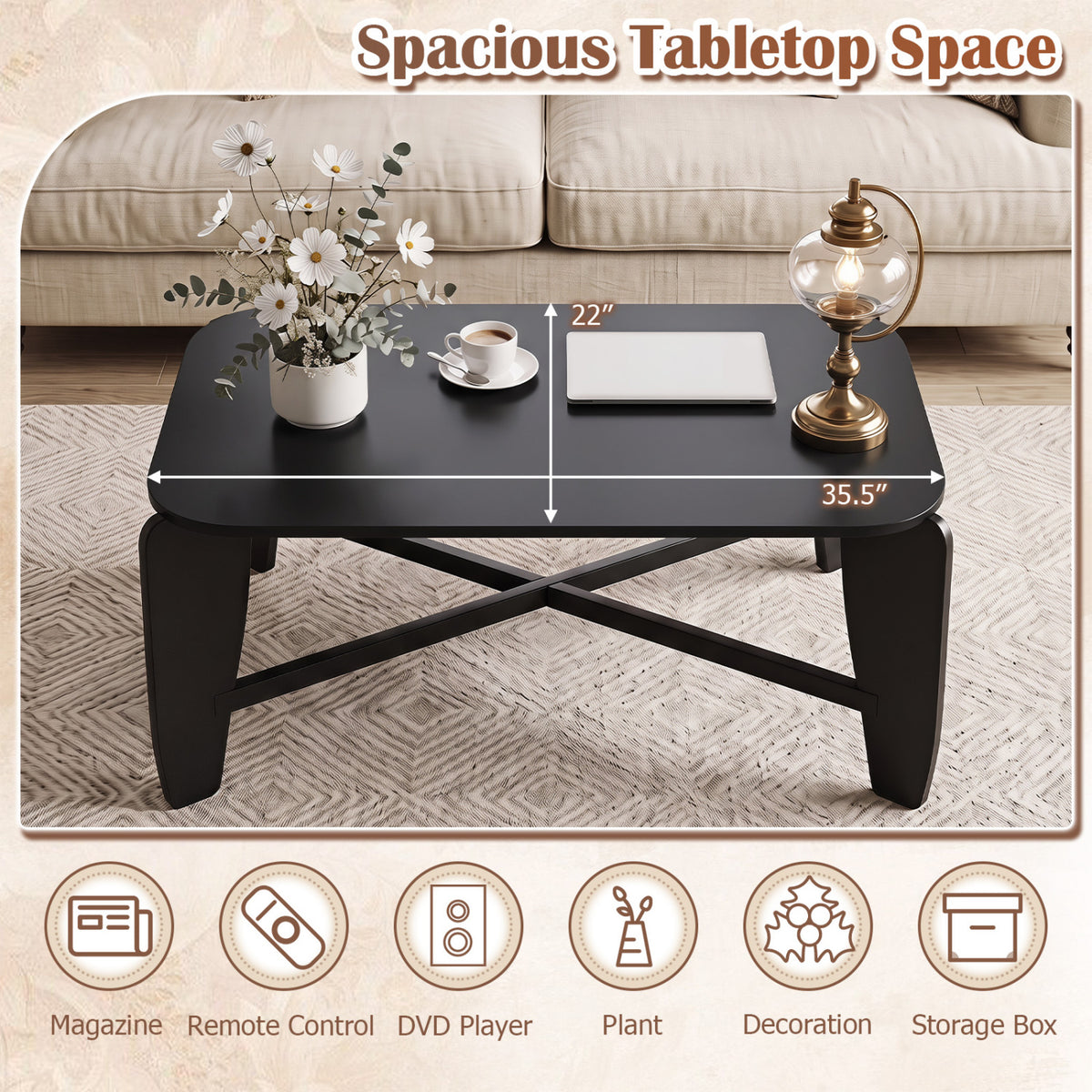 Modern Coffee Table with Rubber Wood Cross-Leg Base Rectangular Center Table-Black view 8