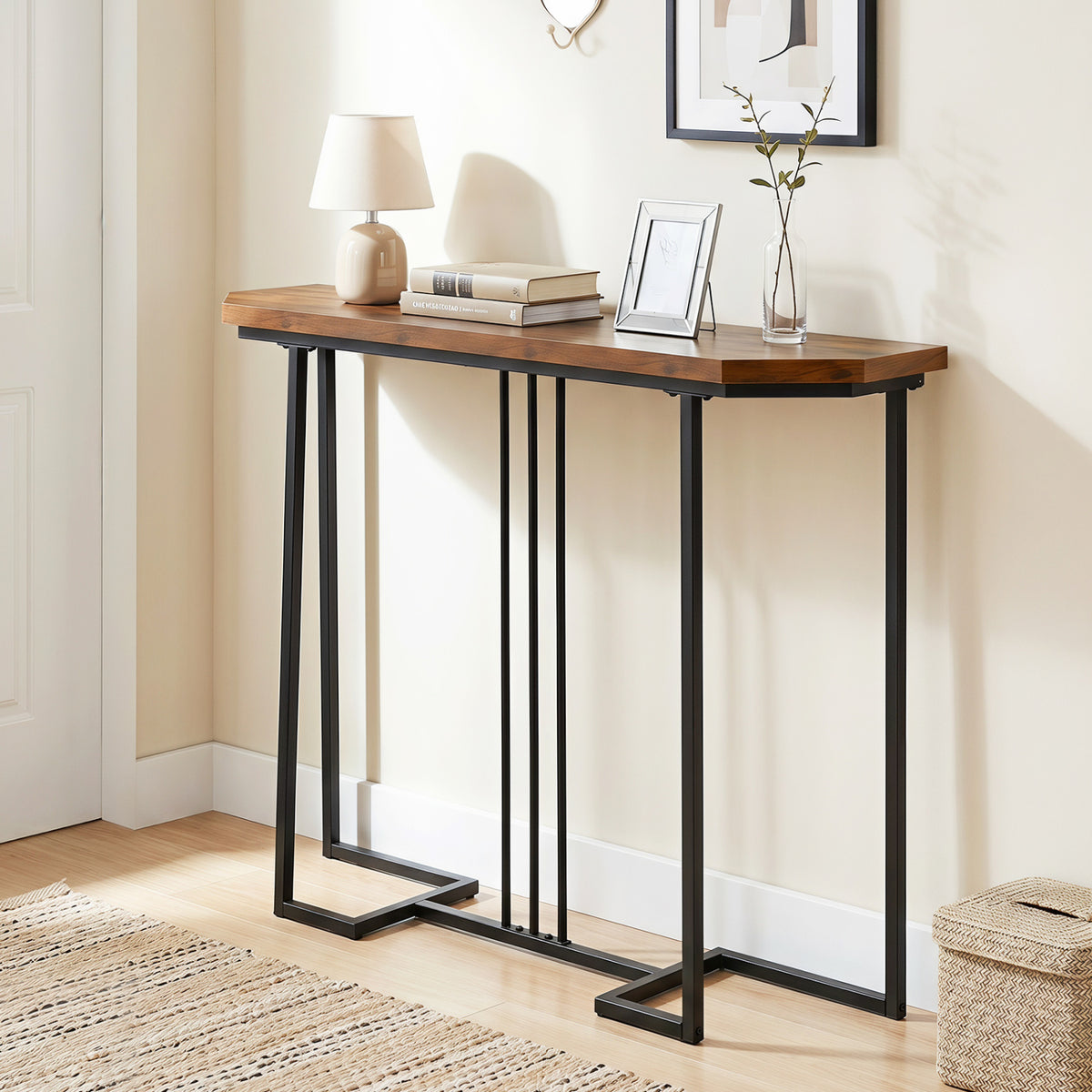 Modern Console Table Narrow Entryway Table with Metal Legs-Rustic Brown view 2
