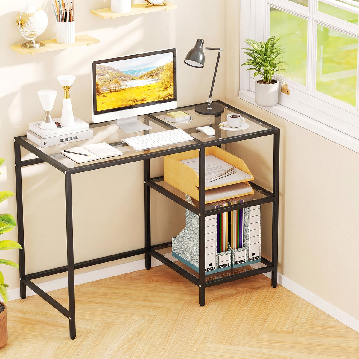 Modern Console Table with 2 Open Shelves and Metal Frame-Black view 2