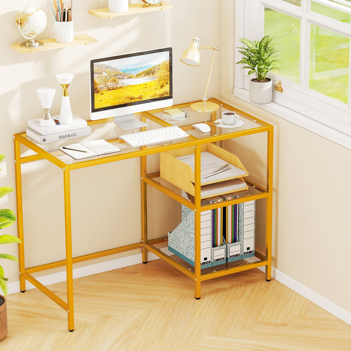 Modern Console Table with 2 Open Shelves and Metal Frame-Golden view 2