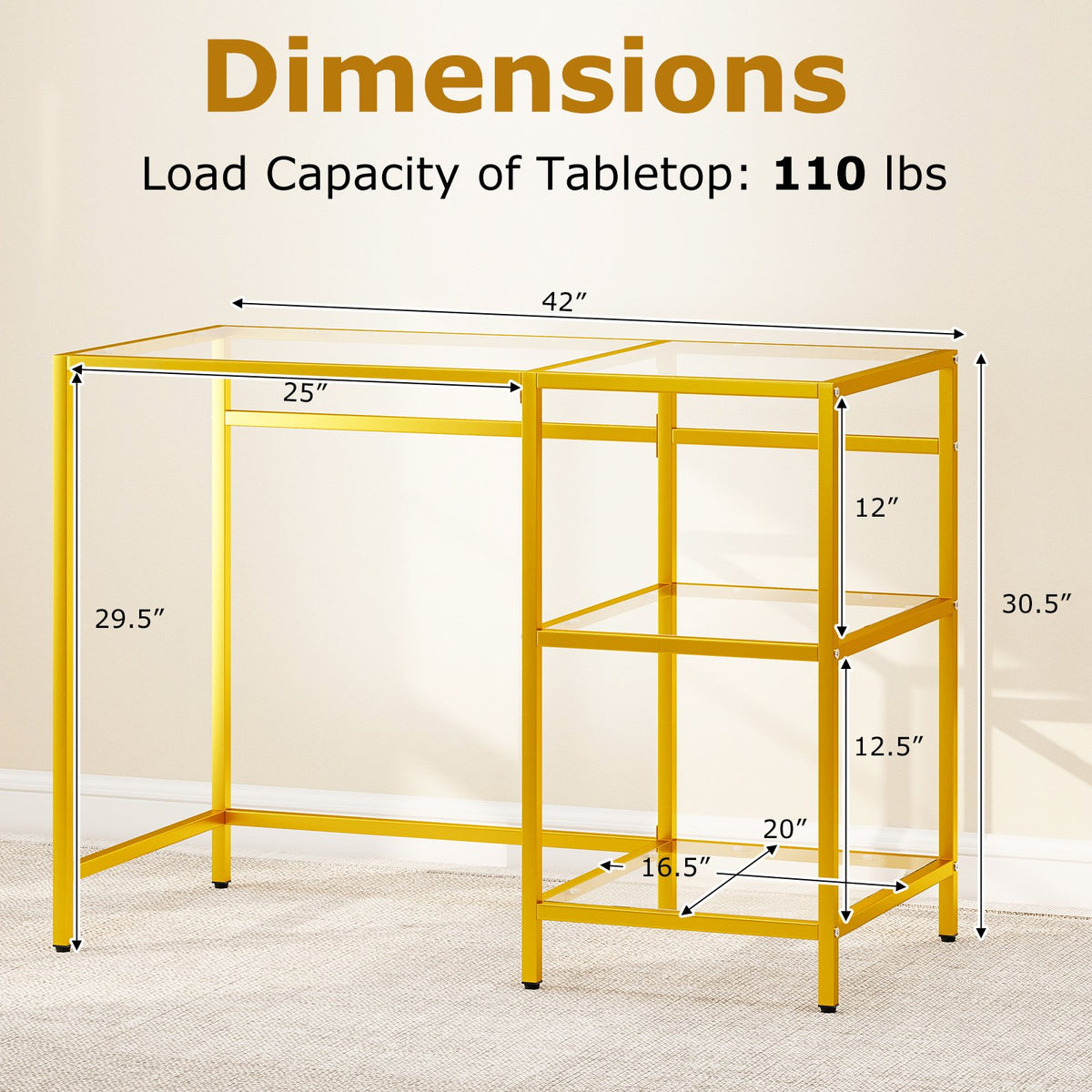 Modern Console Table with 2 Open Shelves and Metal Frame-Golden view 5