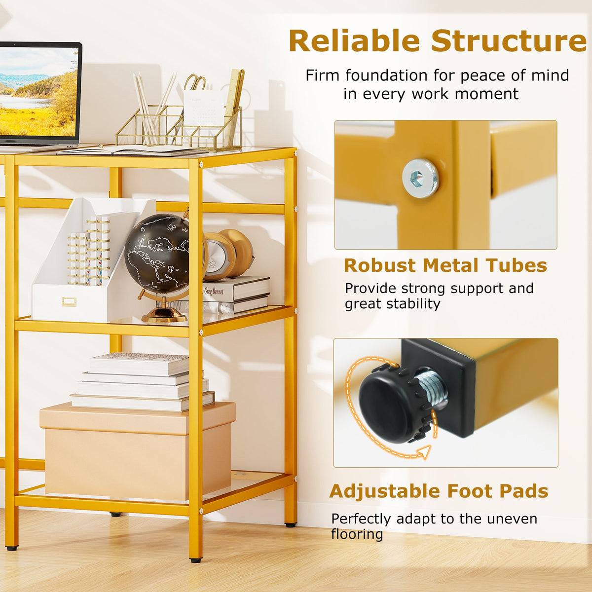 Modern Console Table with 2 Open Shelves and Metal Frame-Golden view 9