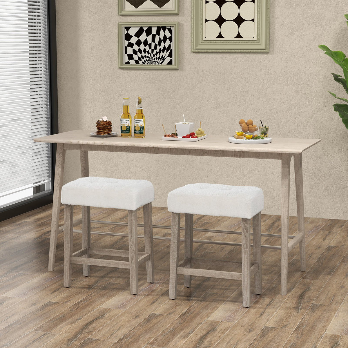 Modern Counter Height Bar Stools Set of 2 with Rubber Wood Legs-White and Gray view 2