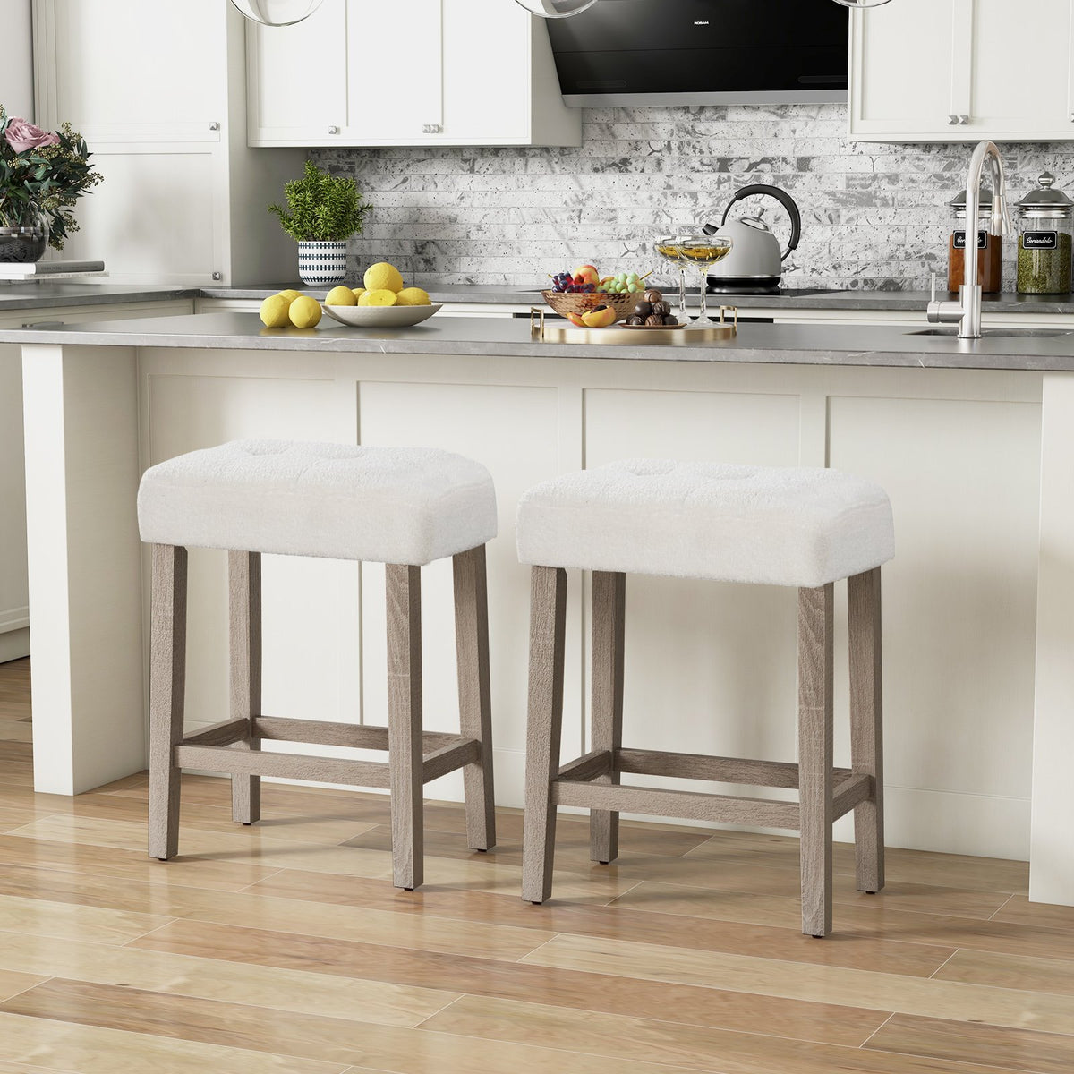 Modern Counter Height Bar Stools Set of 2 with Rubber Wood Legs-White and Gray view 3