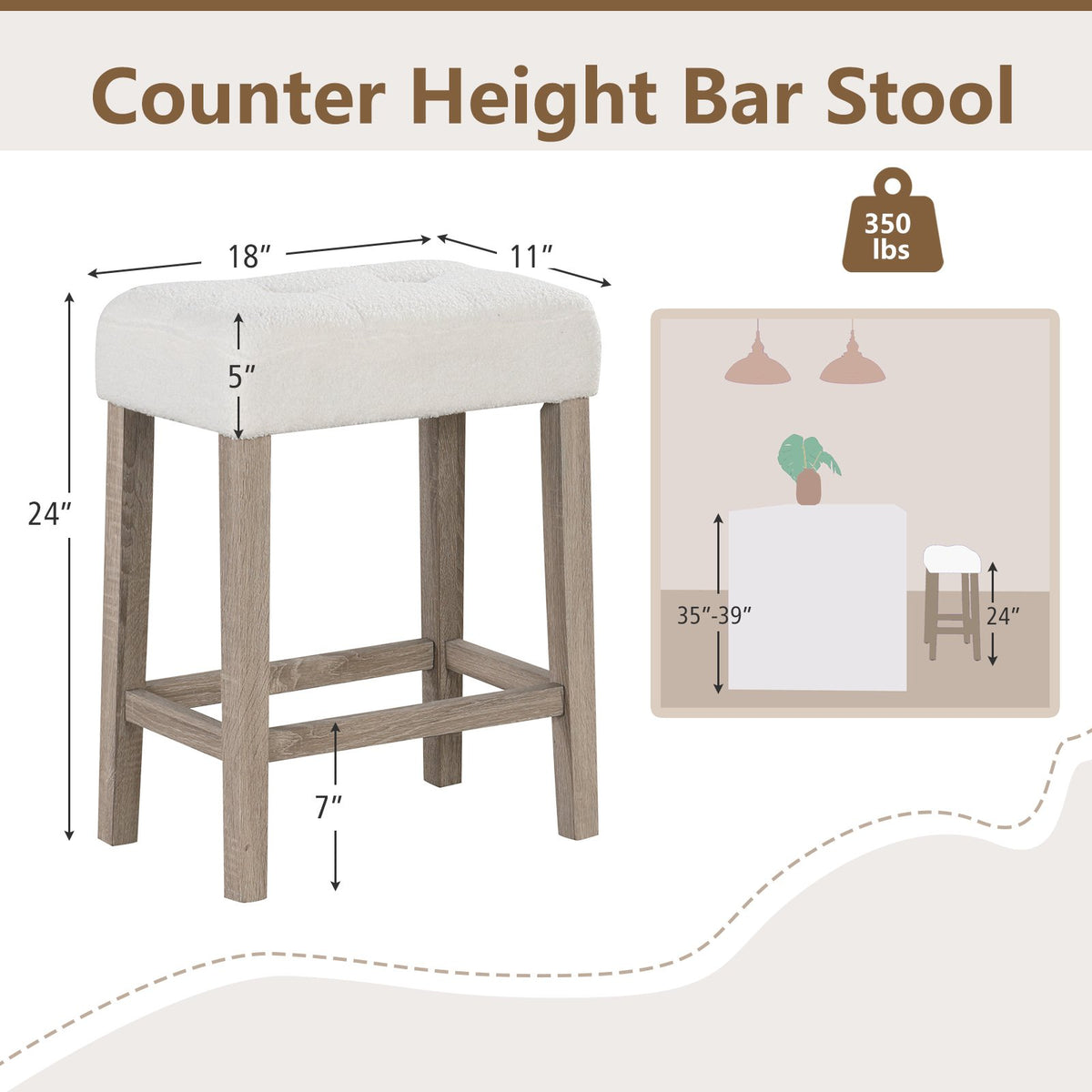 Modern Counter Height Bar Stools Set of 2 with Rubber Wood Legs-White and Gray view 5