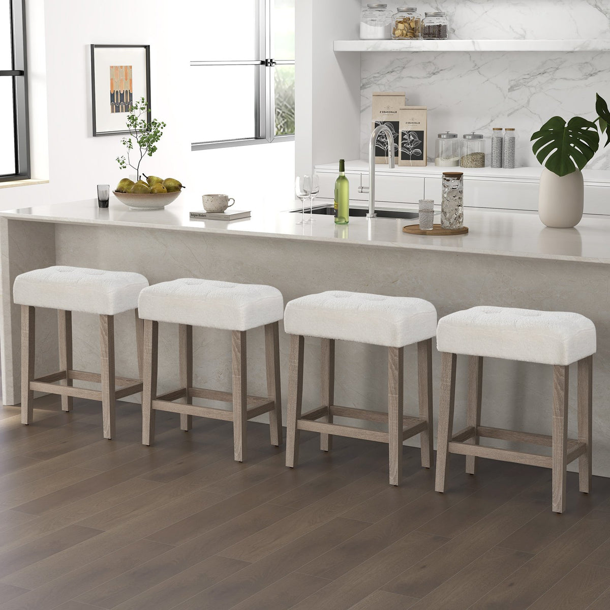 Modern Counter Height Bar Stools Set of 2 with Rubber Wood Legs-White and Gray view 7