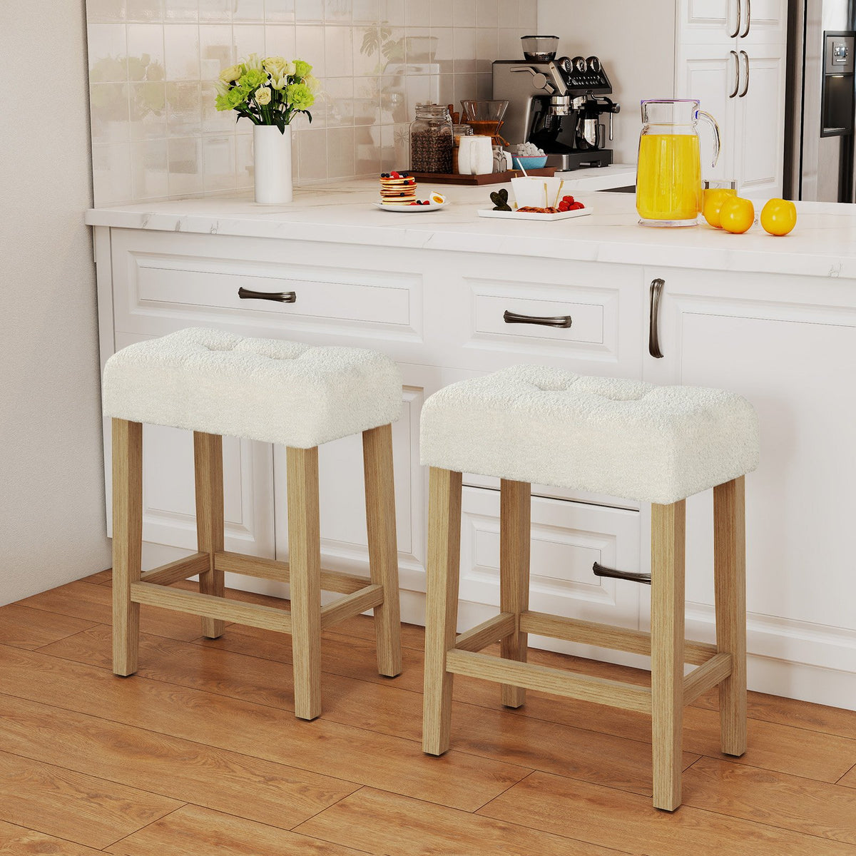 Modern Counter Height Bar Stools Set of 2 with Rubber Wood Legs-Beige and Natural view 3