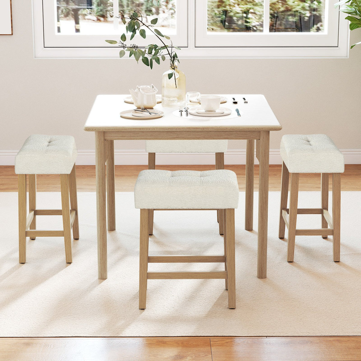 Modern Counter Height Bar Stools Set of 2 with Rubber Wood Legs-Beige and Natural view 5