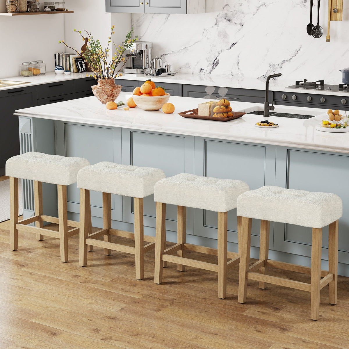 Modern Counter Height Bar Stools Set of 2 with Rubber Wood Legs-Beige and Natural view 6