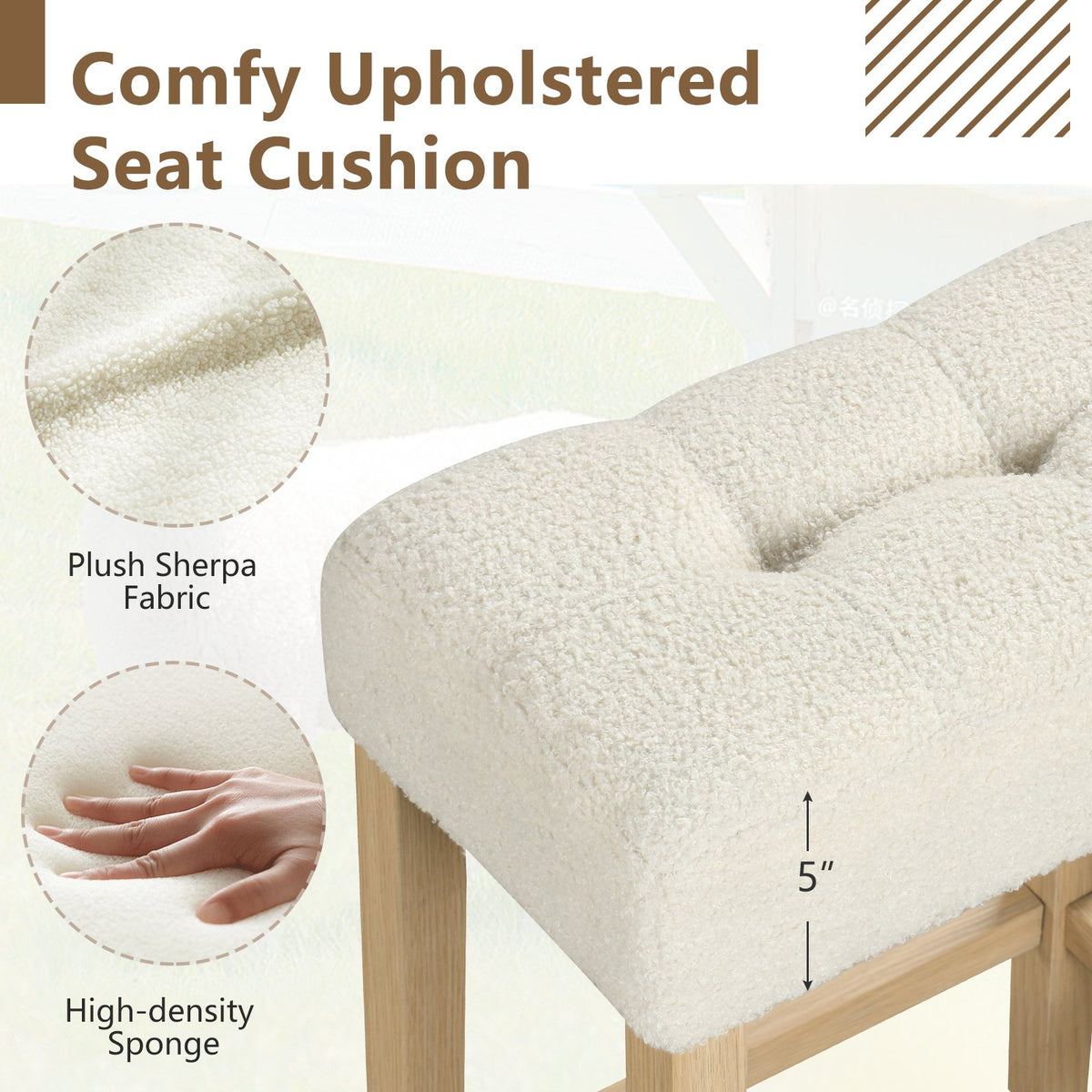 Modern Counter Height Bar Stools Set of 2 with Rubber Wood Legs-Beige and Natural view 7