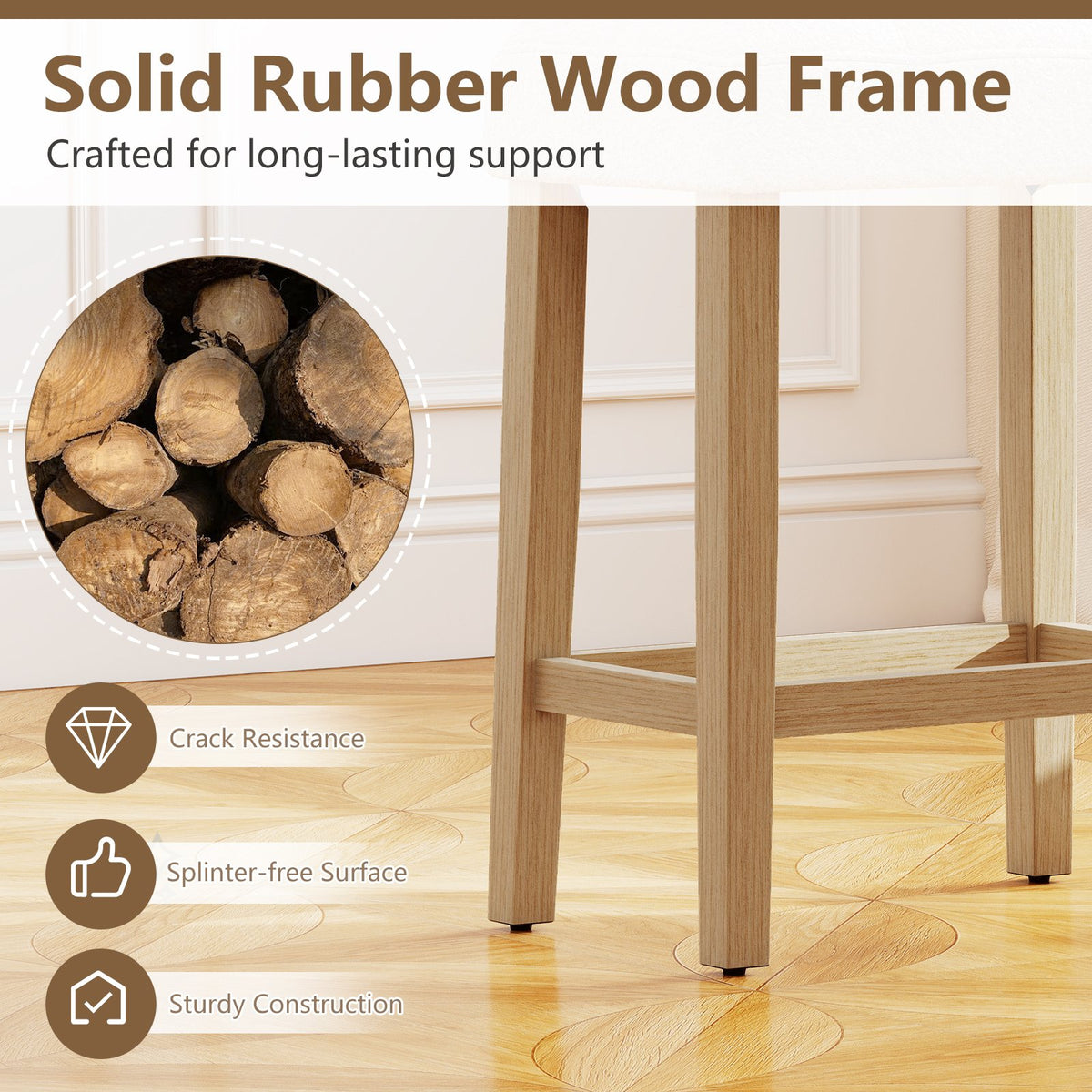 Modern Counter Height Bar Stools Set of 2 with Rubber Wood Legs-Beige and Natural view 8