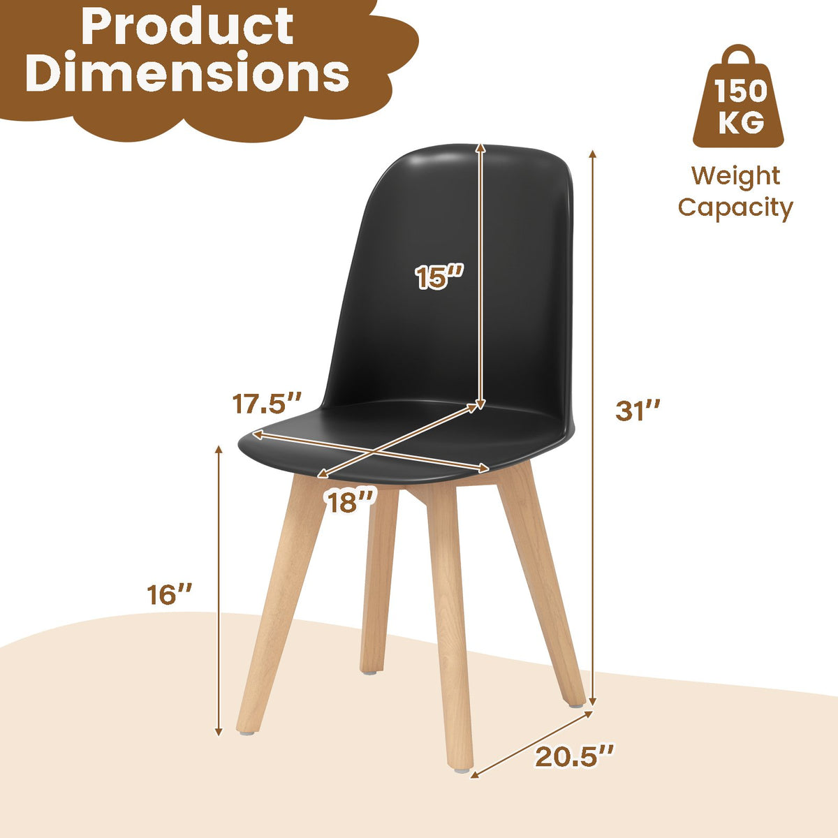 Modern Dining Chair Set of 2 with Solid Beech Wood Legs and Tilt Backrest-Black view 4