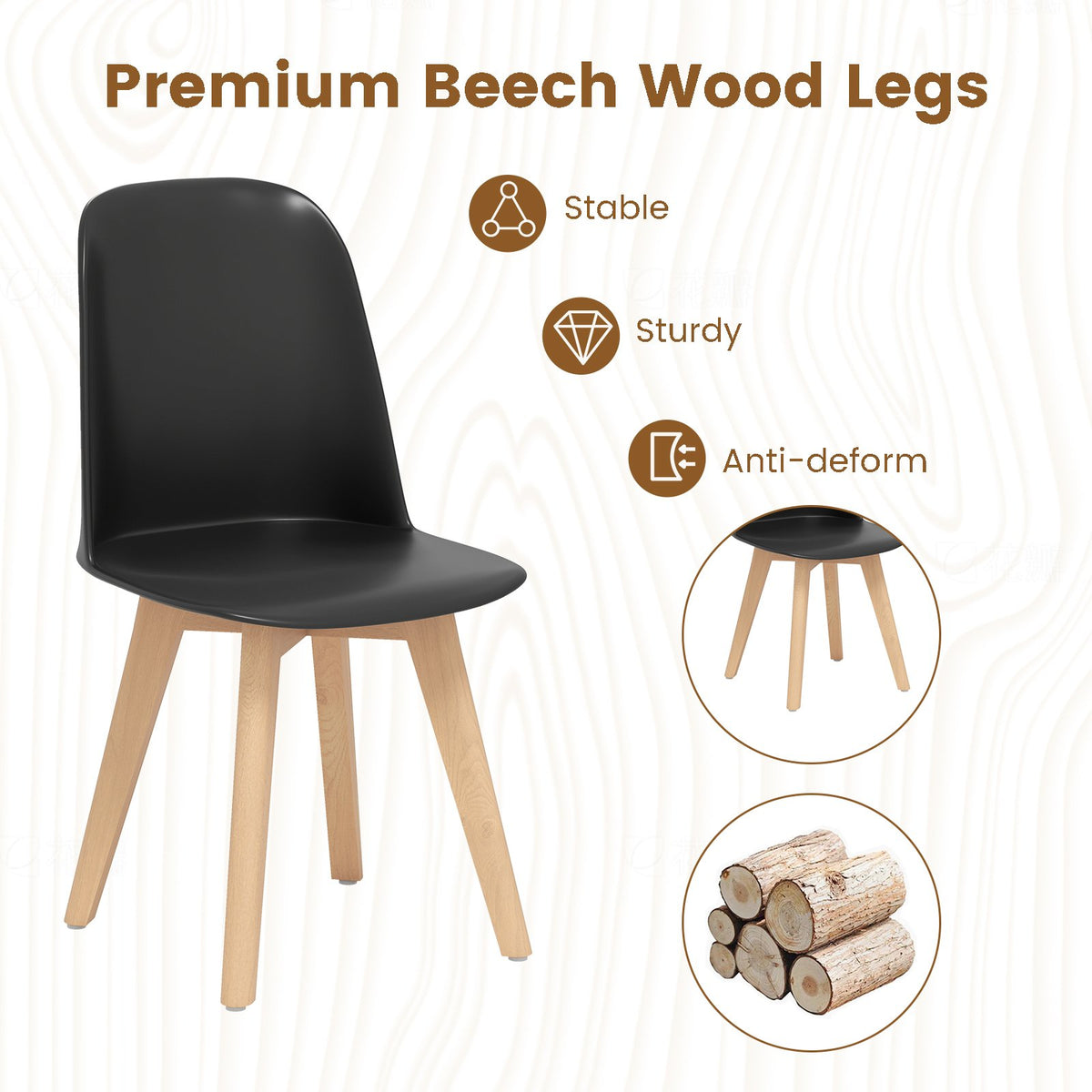 Modern Dining Chair Set of 2 with Solid Beech Wood Legs and Tilt Backrest-Black view 6