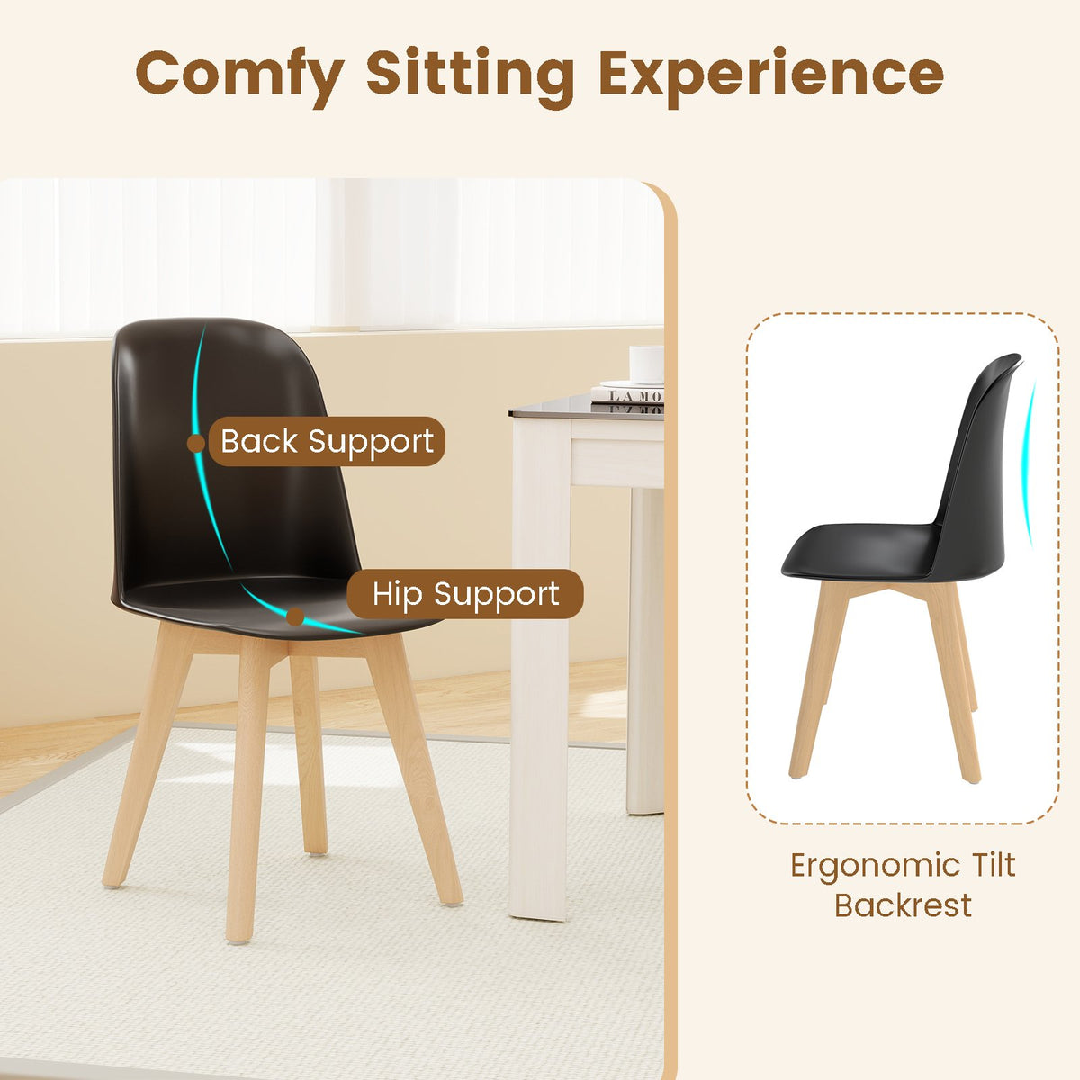 Modern Dining Chair Set of 2 with Solid Beech Wood Legs and Tilt Backrest-Black view 7