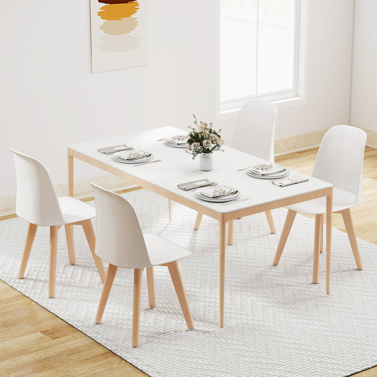 Modern Dining Chair Set of 2 with Solid Beech Wood Legs and Tilt Backrest-White view 3