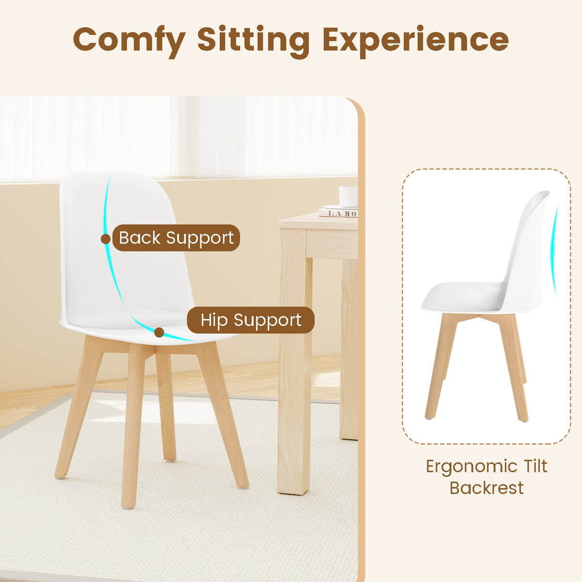Modern Dining Chair Set of 2 with Solid Beech Wood Legs and Tilt Backrest-White view 7