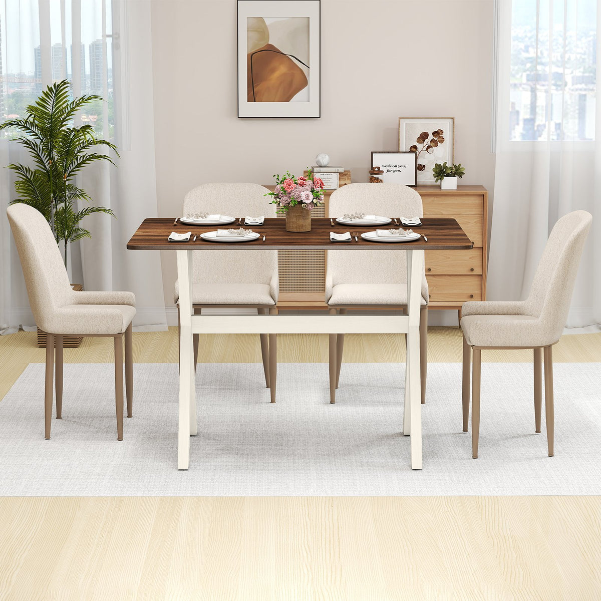 Modern Dining Table Wooden Kitchen Table with X-shaped Frame-White view 5