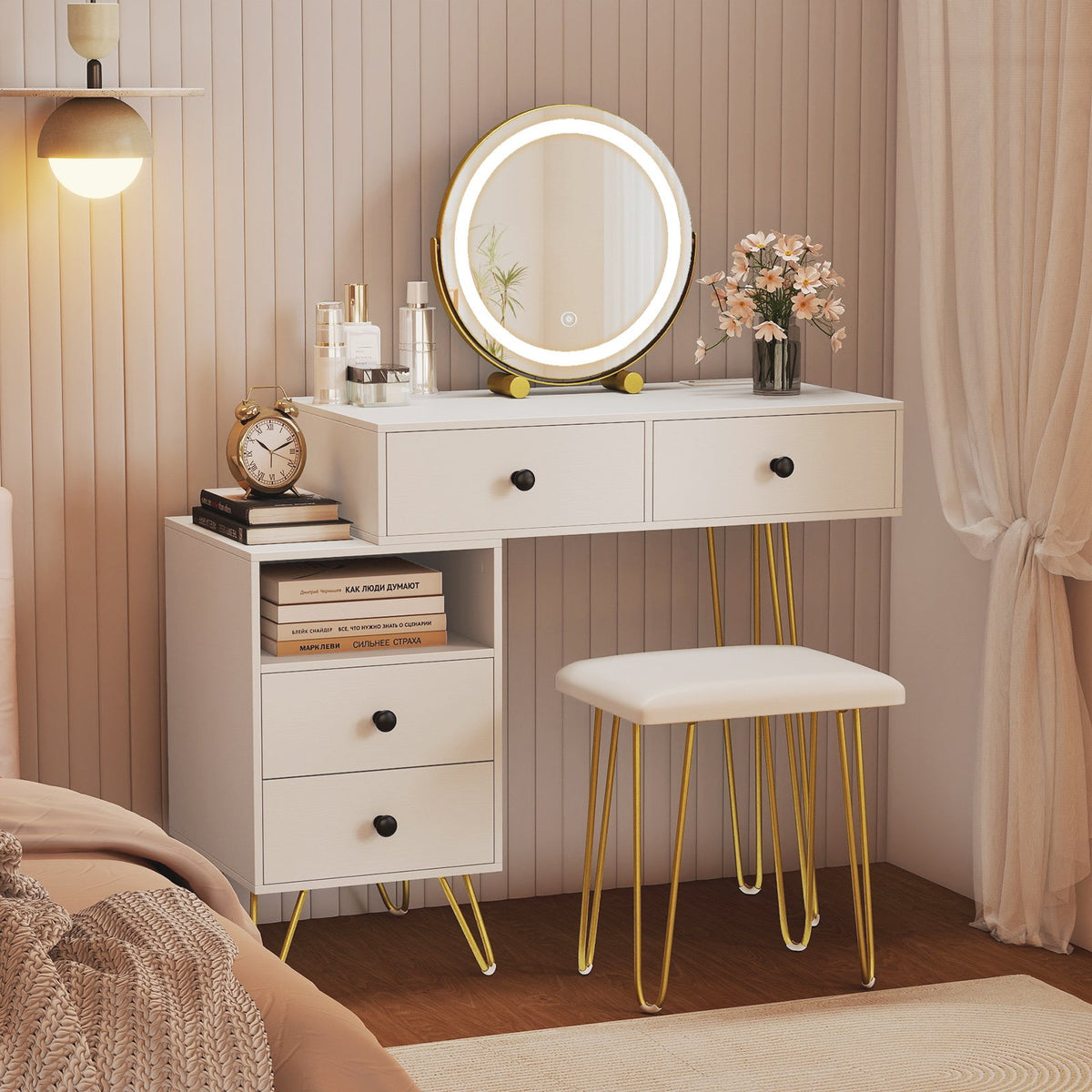 Modern Dressing Table with Storage Cabinet-Off white view 2