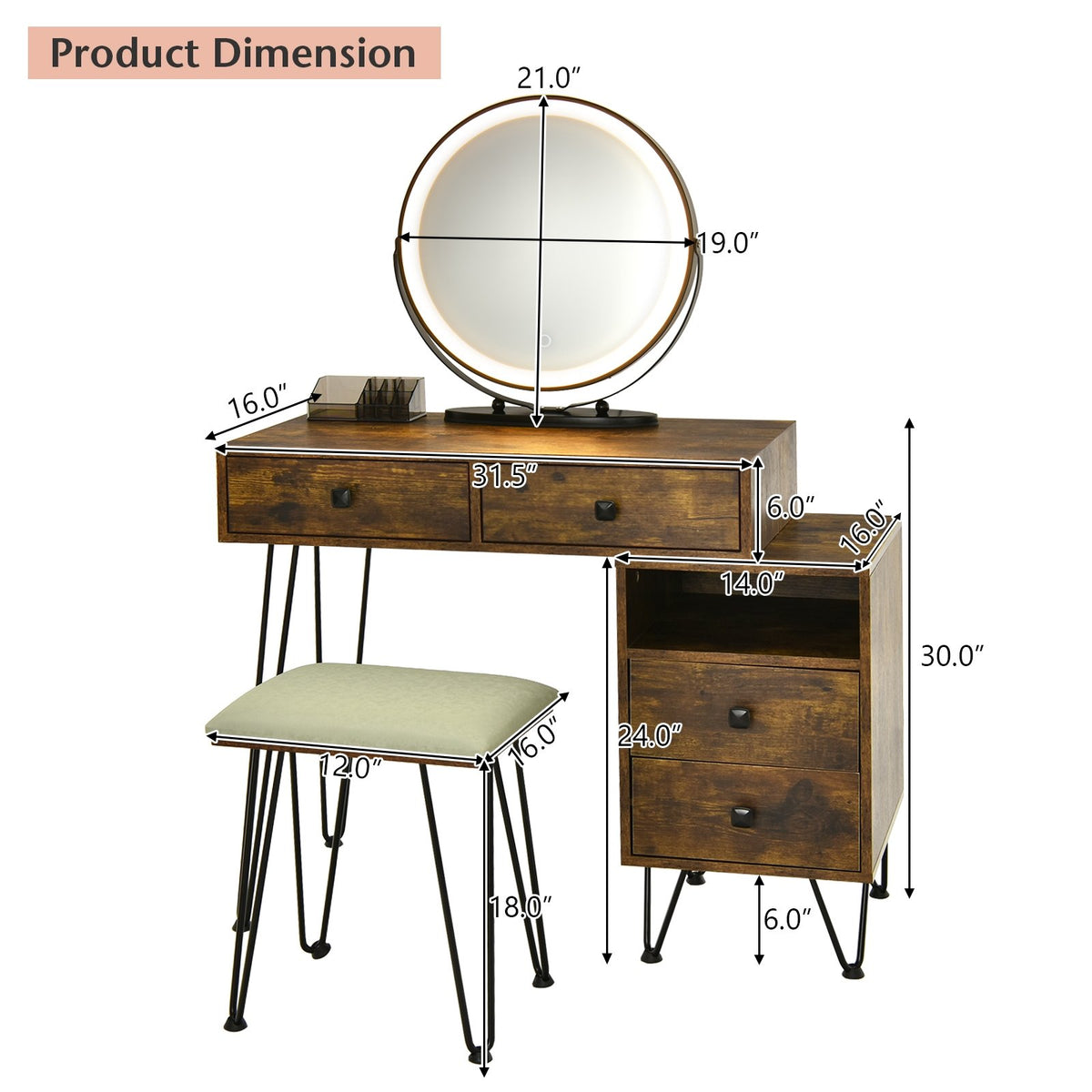 Modern Dressing Table with Storage Cabinet-Rustic Brown view 4