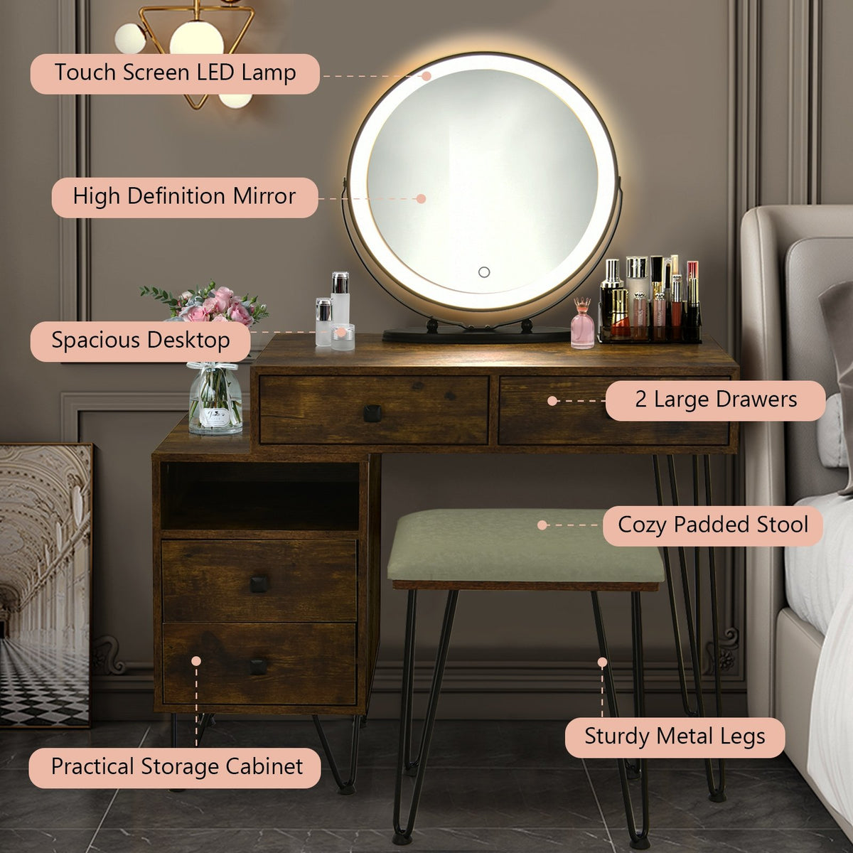 Modern Dressing Table with Storage Cabinet-Rustic Brown view 5