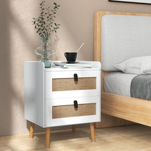 Modern End Table Bedside Table with 2 Rattan Decorated Drawers-White view 2
