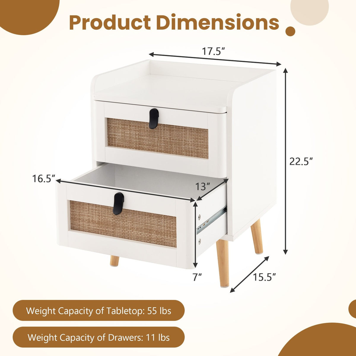 Modern End Table Bedside Table with 2 Rattan Decorated Drawers-White view 5