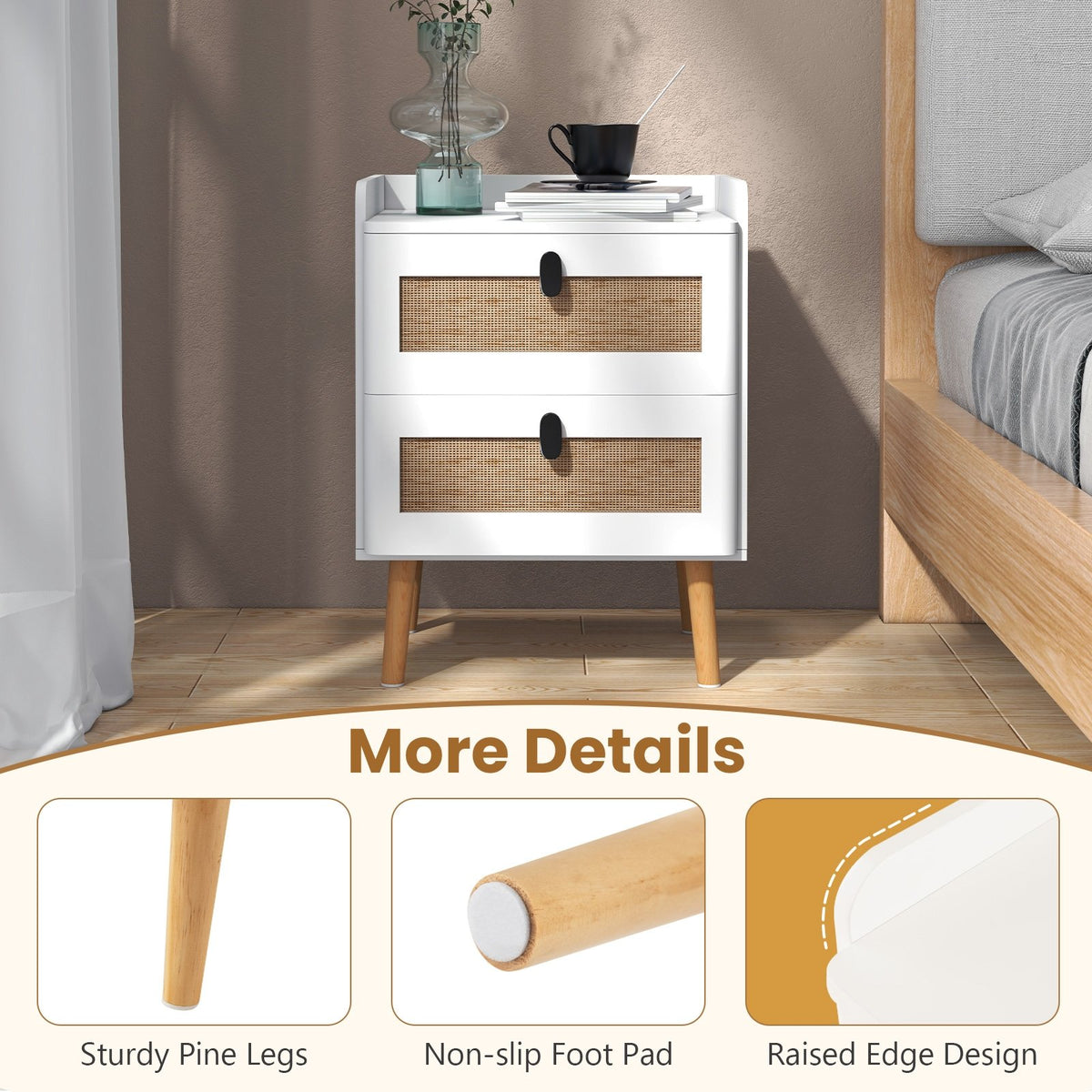Modern End Table Bedside Table with 2 Rattan Decorated Drawers-White view 7