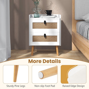 Modern End Table Bedside Table with 2 Rattan Decorated Drawers-White view 7